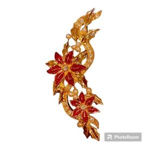 Christmas poinsettia with red enamel , rhinestones and pearls